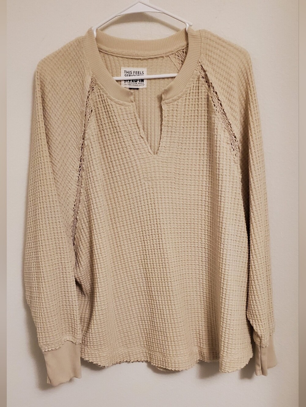American Eagle Outfitters Big Hug Cream Waffle Knit Notch-Neck Pullover Boxy